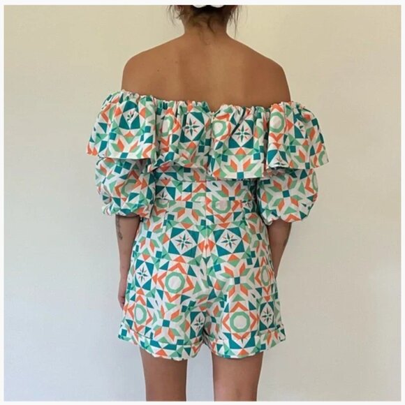 NWT - Silka Fatima Romper Pink Green Geometric Print Off-shoulder Ruffle - Picture 8 of 8